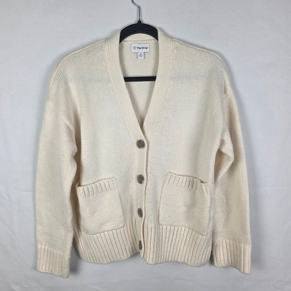 The Drop Womens Ivory Cream Chunky Knit V-Neck Button Front Cardigan Sweater XS